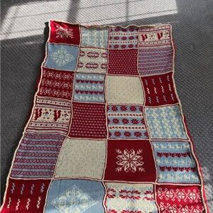 Patchwork fair isle hand-Knit blanket - Red, Blue, Cream 55 x 82”